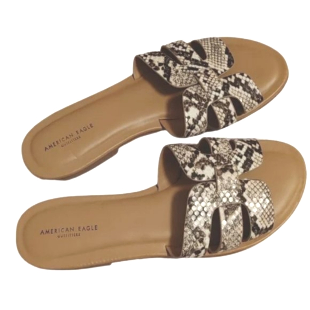 American Eagle Outfitters Snake pattern summer brown leather flats shoes…